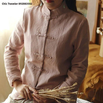Cotton Linen Shirt Chinese Style Men Women Clothing National Style Tang Costume Button up Long Sleeve Stand Collar Zhongshan ...