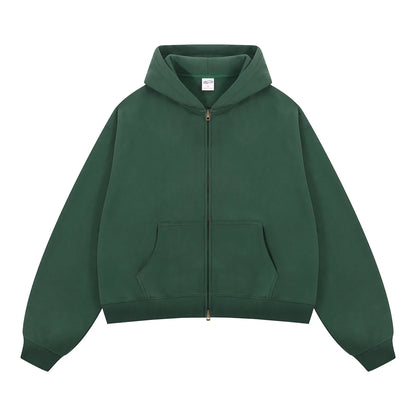 Custom LOGO women's  Autumn Winter New 370G Heavy Fleece BOXY Short and Wide Double Head Zipper Cardigan Couple Hooded Sweater