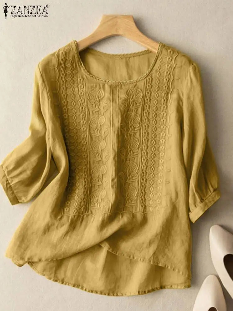 ZANZEA Elegant Women Embroidered Blouses Autumn 2024 3/4 Puff Sleeve Transparent Blusas Mujer Casual Vintage Cotton Shirts Tops
