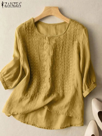 ZANZEA Elegant Women Embroidered Blouses Autumn 2024 3/4 Puff Sleeve Transparent Blusas Mujer Casual Vintage Cotton Shirts Tops
