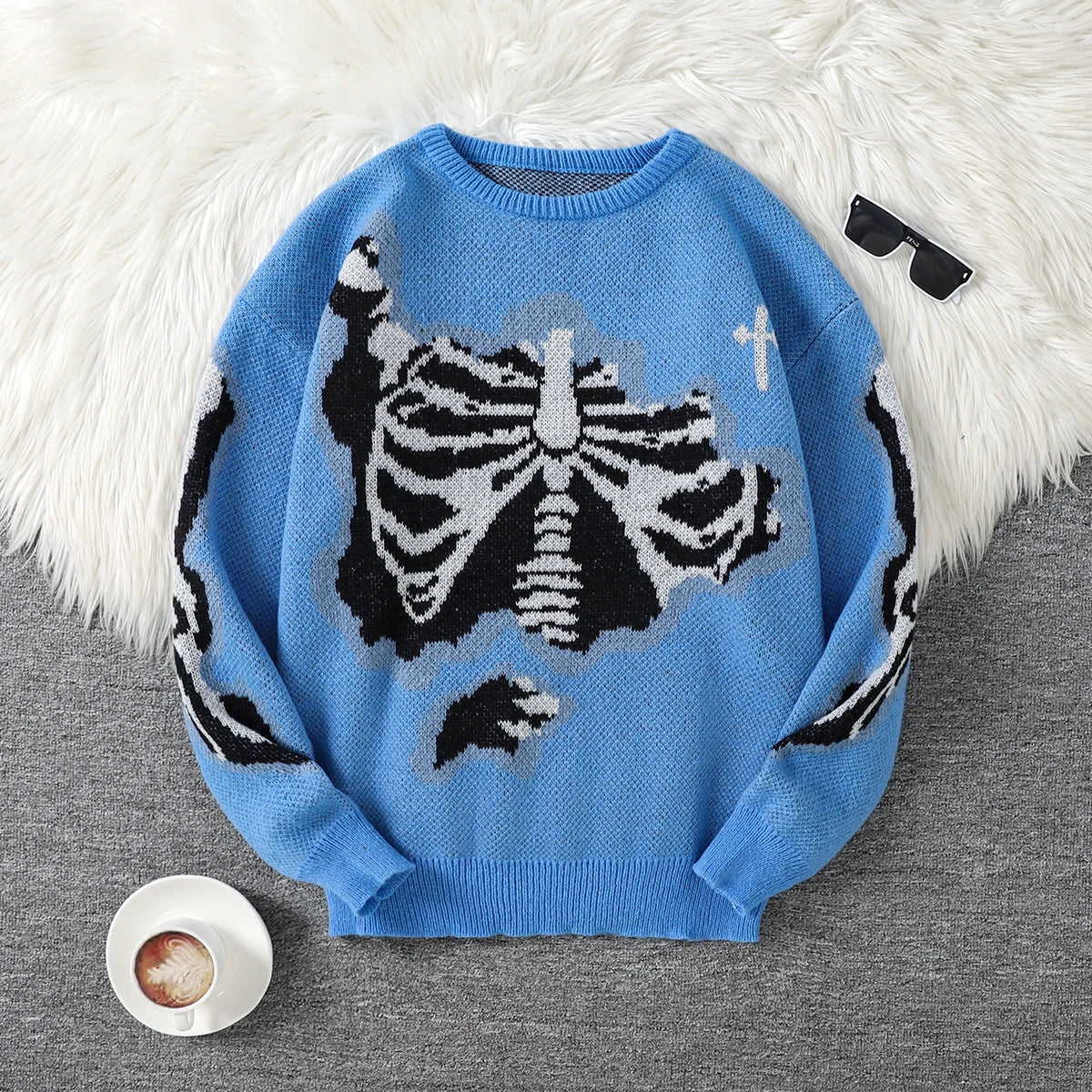 New Trendy Autumn and Winter Skeleton Pattern Pullover Sweater, Casual Round-Neck Color-Blocking Knit Men's Pullover