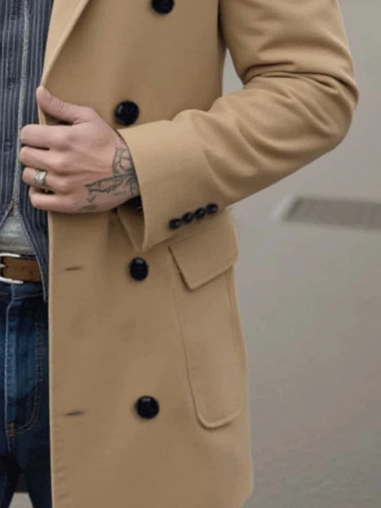 Men's Japanese Style Wool Coat Double-Breasted Thickened & Windproof Notch Lapel Trench for Winter