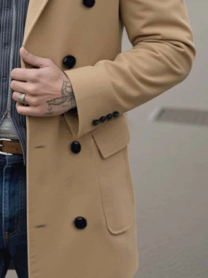 Men's Japanese Style Wool Coat Double-Breasted Thickened & Windproof Notch Lapel Trench for Winter