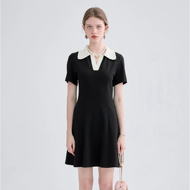 Women Dress Black Elegant Vintage French Style Short Sleeve Cute Casual New Fashion Polo-Neck Office Ladies Mini Dress 2026