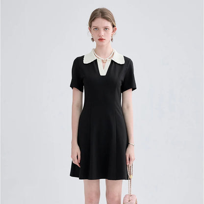 Women Dress Black Elegant Vintage French Style Short Sleeve Cute Casual New Fashion Polo-Neck Office Ladies Mini Dress 2026