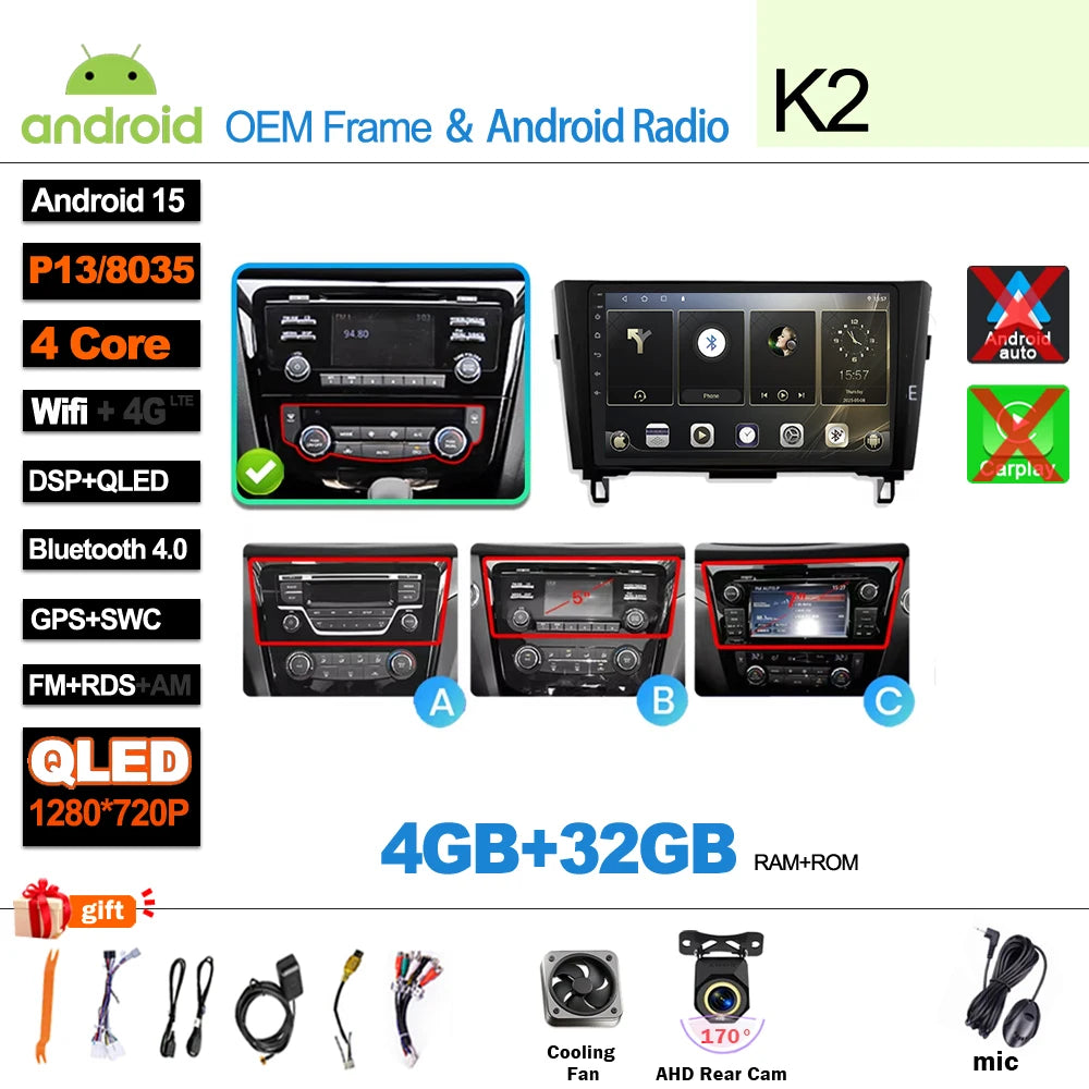 Car Radio For Nissan X-Trail Qashqai 2 J1T32 Qashqai J10 J11 2014 2015 2016 2017 2018 2019  Wireless WIFI GPS Carplay Auto DVD