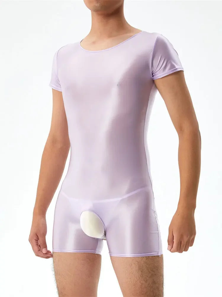 Sexy Men's Open Crotch Bodysuit Short Sleeve Oil Shiny Glossy Tights High Elastic Man Clothing Shapers Exotic Leotard