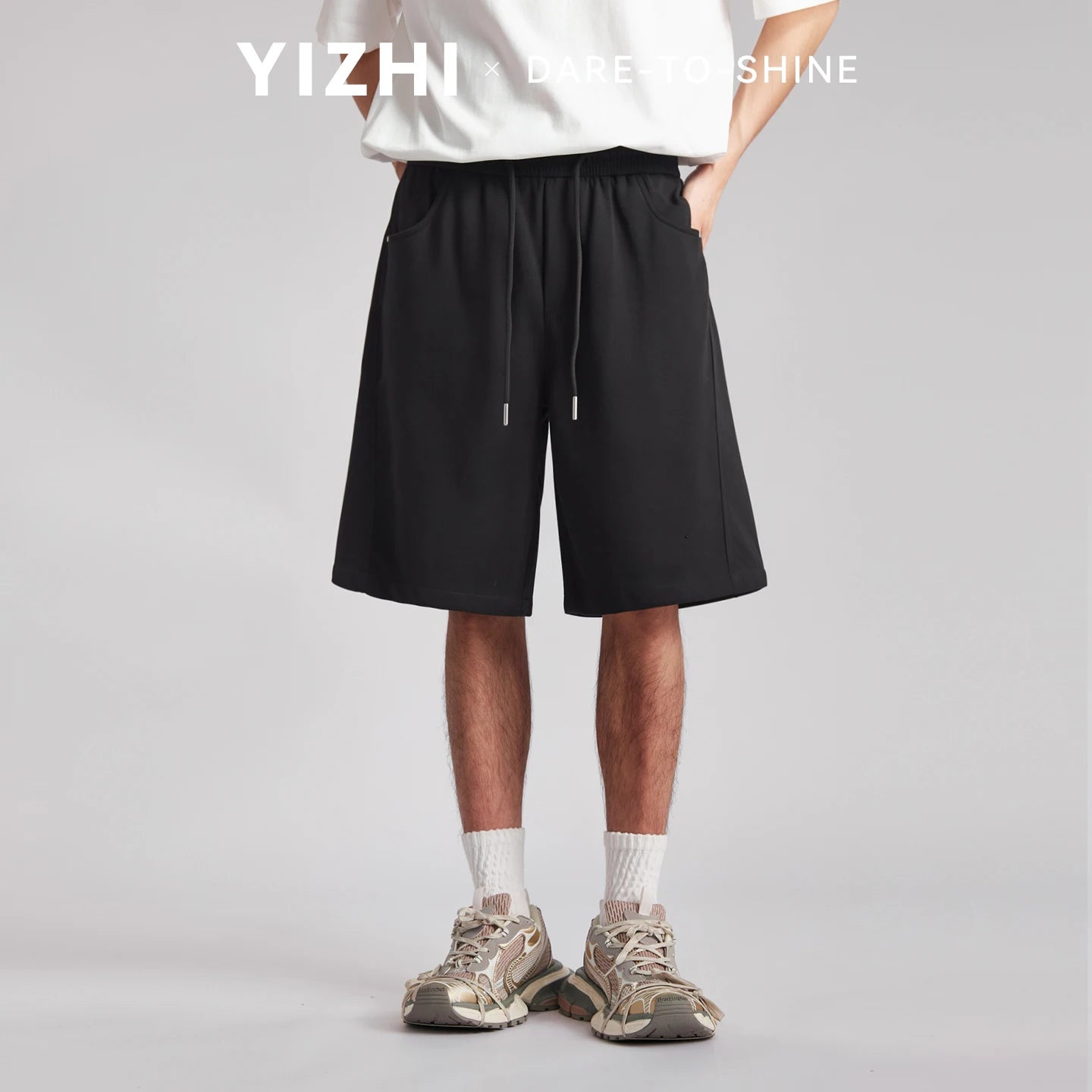 Men's Draped Ice Silk Casual Shorts Summer Solid Color Loose Drawstring Elastic Waist Wide Leg Five Points Sports Middle Pants