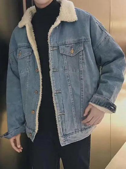 Lamb Velvet Thickened Loose Collar Denim Jacket Men's Autumn Winter Fashionable Workwear Cotton Coat Youthful Energy Style
