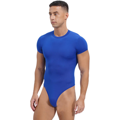 Mens Athletic Bodysuit Shirt Round Neck Short Sleeve High Cut Leotard Button Crotch Jumpsuit Rompers Bodybuilding Yoga Underwear
