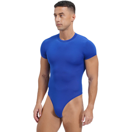 Mens Athletic Bodysuit Shirt Round Neck Short Sleeve High Cut Leotard Button Crotch Jumpsuit Rompers Bodybuilding Yoga Underwear