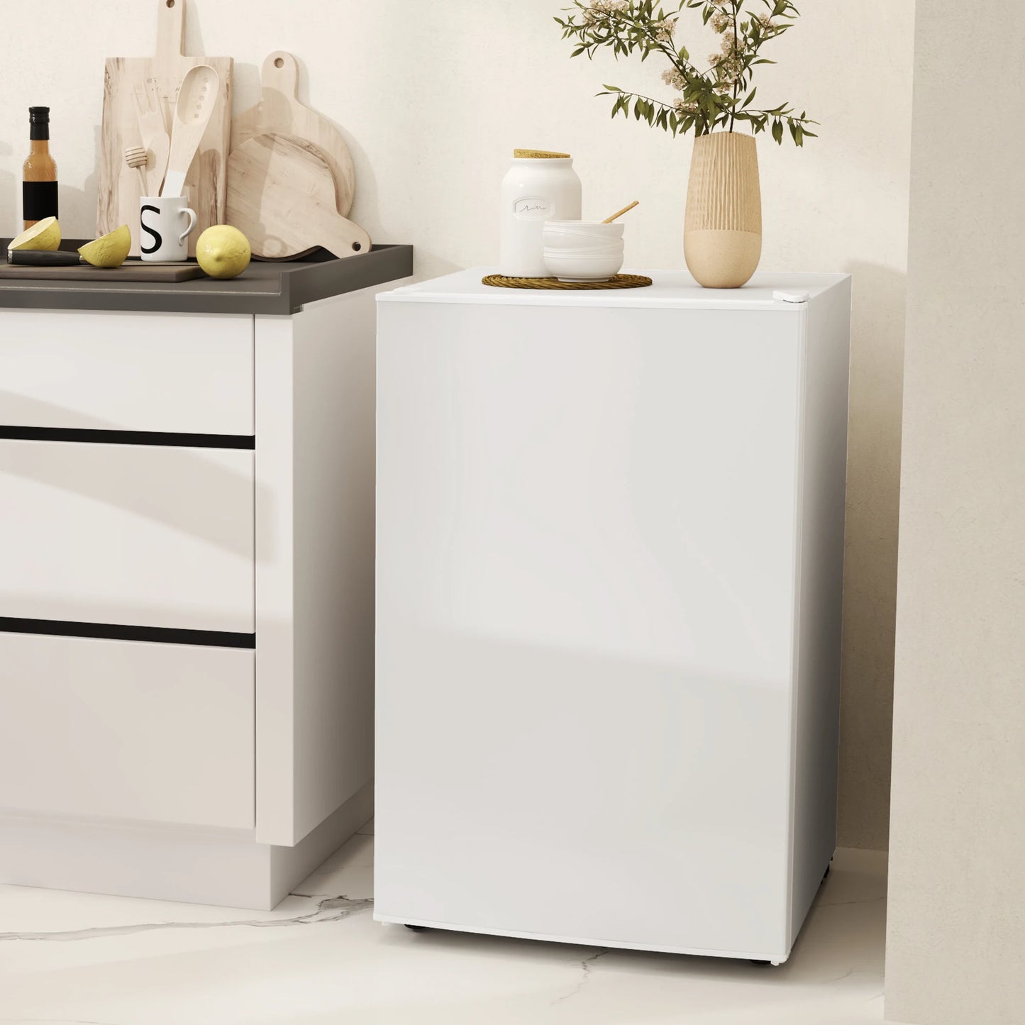 4.5 Cu.Ft Mini Fridge, Single Door Refrigerator with Freezer, Wheels, Adjustable Thermostat, Reversible Door, White