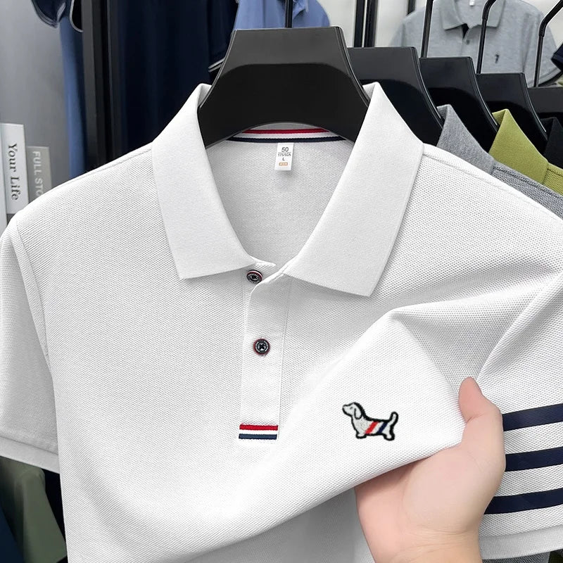 High end 100% cotton short sleeve polo shirt men luxury brand cute dog design Korean casual summer golf fashion striped T-shirt