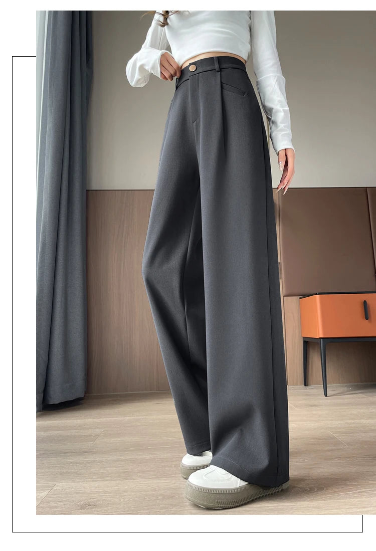 Seoulish Autumn Elegant Women's Wide Leg Pants 2024 New Korean Solid Button Casual Loose Office Full Length Trousers Female