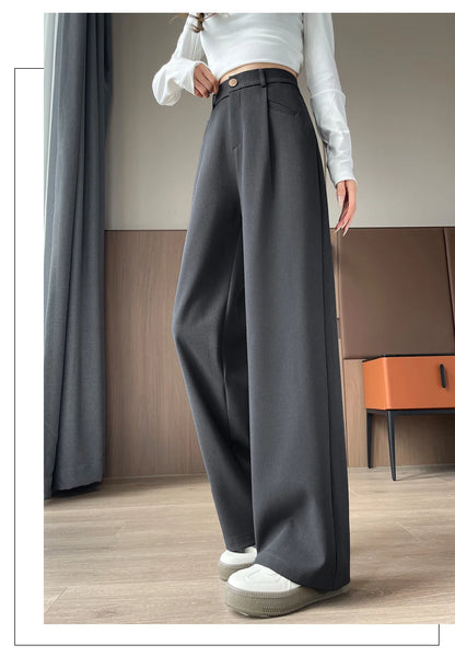 Seoulish Autumn Elegant Women's Wide Leg Pants 2024 New Korean Solid Button Casual Loose Office Full Length Trousers Female