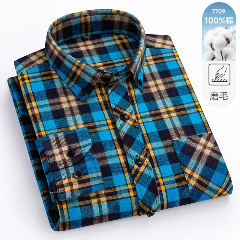 New Flannel Plaid Long Sleeve Men Casual Shirts Autumn Winter Fashion Plus Size Regular Fit Smart Dress Shirts Daily Clothes Top