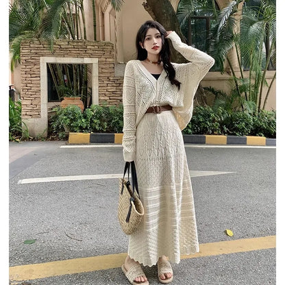 Kumikumi Lazy Style Hollow out Knitted Cardigan Jacket Women's High Waist  Skirt Fashion Set Spring 2025 Acrylic Fabric