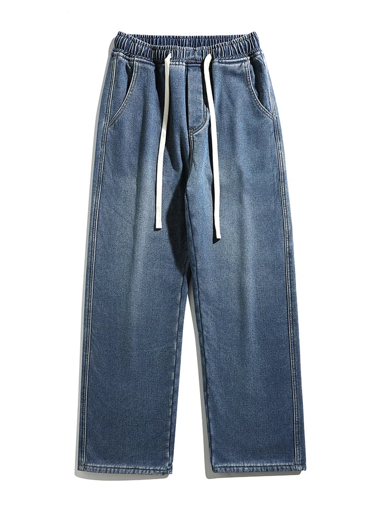 Men's Winter Jeans Fleece-Lined Brushed Thick Warm Denim Pants Korean Style Straight Fit Insulated Trousers Asians Size M-3XL