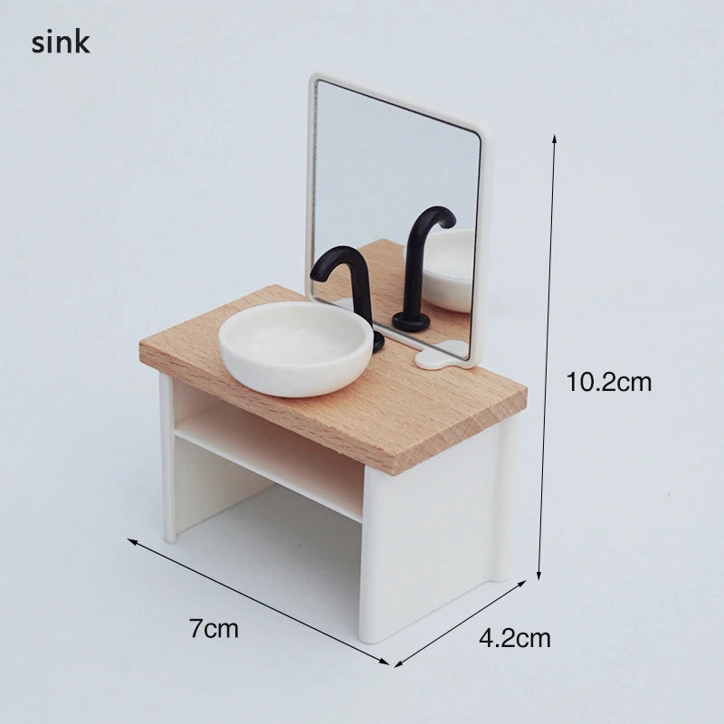 1:6 1:12 Dollhouse Miniature Wooden Bathroom Sink Cabinet Kitchen Wash Basin Drawer Furniture Model Decor Toys Accessory