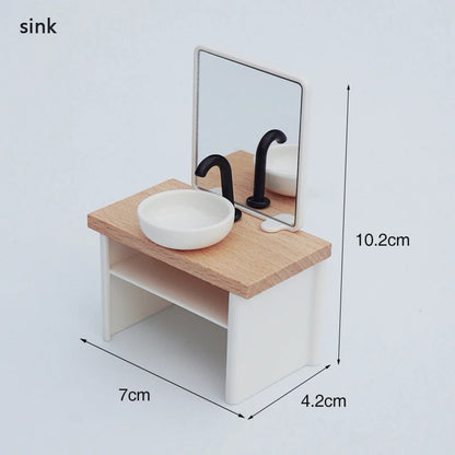 1:6 1:12 Dollhouse Miniature Wooden Bathroom Sink Cabinet Kitchen Wash Basin Drawer Furniture Model Decor Toys Accessory