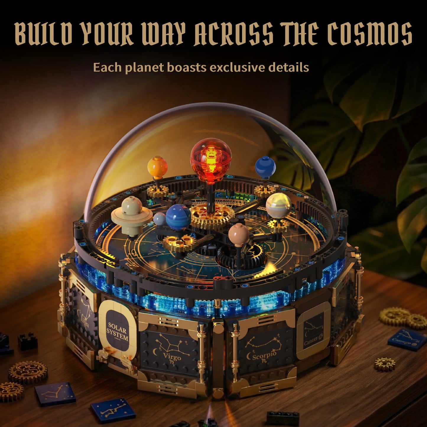 STEM Solar System Orrery Music Box Building Blocks Rotating Planets Gear Mechanism Transparent Dome Educational Decor Gift Kids