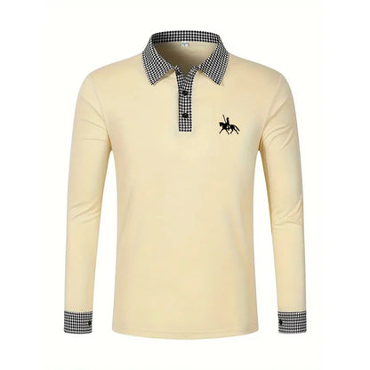 Men's Houndstooth Patchwork Long Sleeve Polo Shirt Classic Casual Business Tops Breathable Lightweight Knitwear for Spring Fall