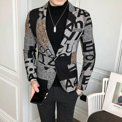 Men's New Suit Jacket Autumn and Winter Men's Letter Printed Suit Jacket Slim Lapel Comfortable Suit Jacket Fashion Woolenjacket