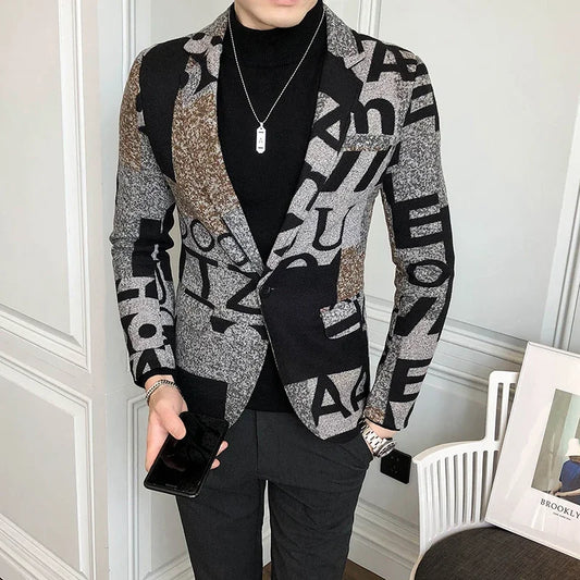 Men's New Suit Jacket Autumn and Winter Men's Letter Printed Suit Jacket Slim Lapel Comfortable Suit Jacket Fashion Woolenjacket