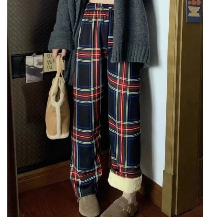 Thickened Fleece Straight Leg Pants Winter New Style Lamb Velvet Plaid Women's High Waist Warm Casual Wide Leg Pants