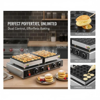 Mini Dutch Pancake Machine 50PCS For Kitchen Restaurant Dessert, Non-stick Dorayaki Baker 1800W Double Temperature Time Control Commercial Poffertjes Grill Pan 21.3x11.4x6.5 Inches Black Silver Professional Baking Equipment
