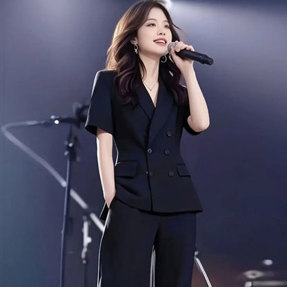 Elegant Short Sleeve Suit Set Women's Summer New Style Powerful Businesslike Top And Pants Two Pieces Set High Waist Pants