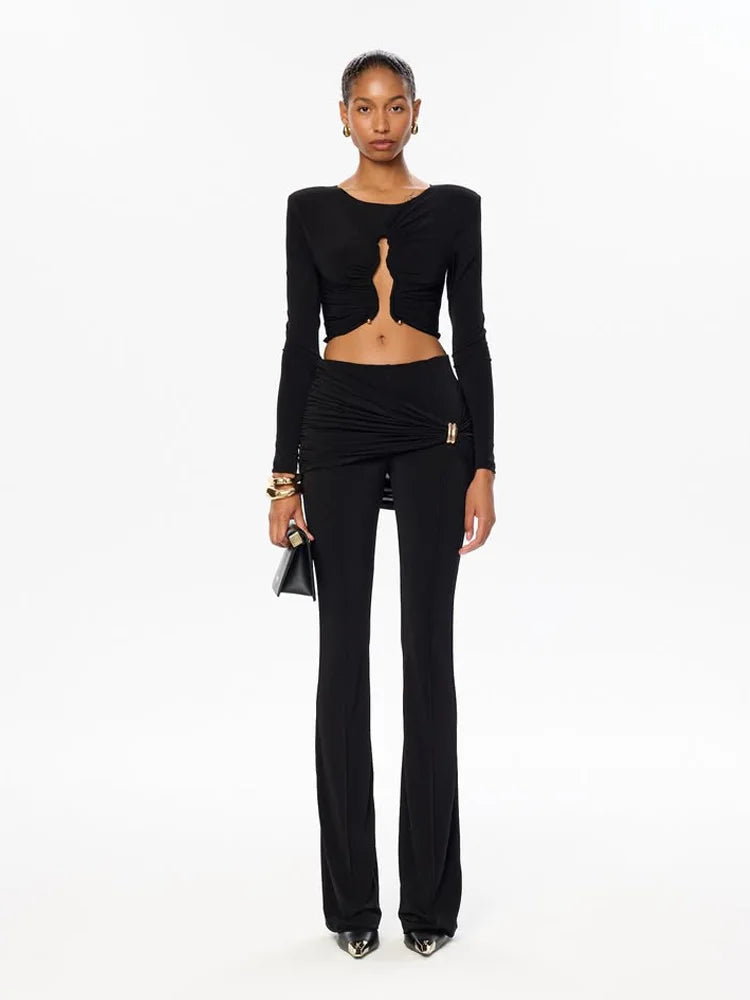 Ahagaga Autumn Fashion Women's Sets Solid Regular Long Sleeves O-Neck Skinny 2Pcs (Tops+Pants) Knot Casual Streetwear Folds Suit