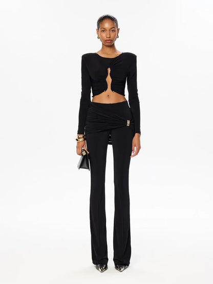 Ahagaga Autumn Fashion Women's Sets Solid Regular Long Sleeves O-Neck Skinny 2Pcs (Tops+Pants) Knot Casual Streetwear Folds Suit