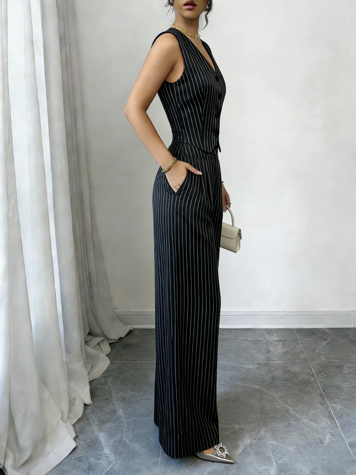 Women's Pinstripe Elegant Trouser Set Sleeveless V Neck Button Vest High Waist Wide Leg Pants Two Piece Set Spring Summer Outfit