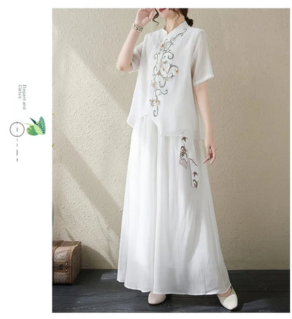 New National Style Heavy Embroidery  Set Women Summer Loose plus Size Fringed Wide Leg Pants Skirt Slimming Two Piece Set