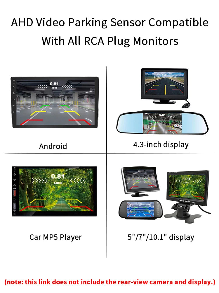 Car Reverse Parking Sensor 4 AHD Sensors 16.5mm Compatible CVBS AHD 1080P Sound Mute Mode Vehicle Safety Alert System