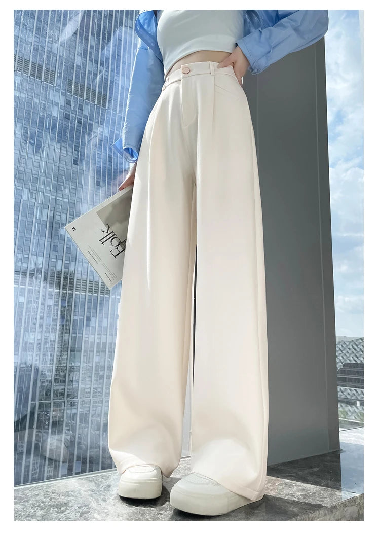 Seoulish Autumn Elegant Women's Wide Leg Pants 2024 New Korean Solid Button Casual Loose Office Full Length Trousers Female