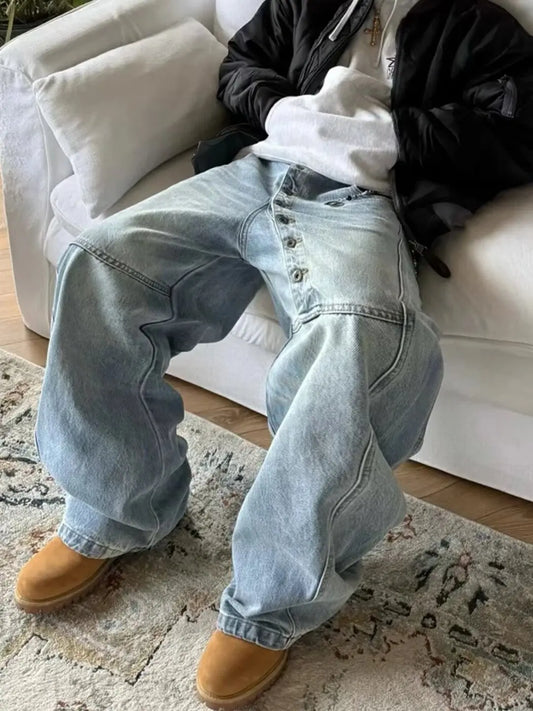 American Retro Long Row Button Design Jeans Loose Wide Leg Floor-Length Trousers for Men And Women High Street Fashion