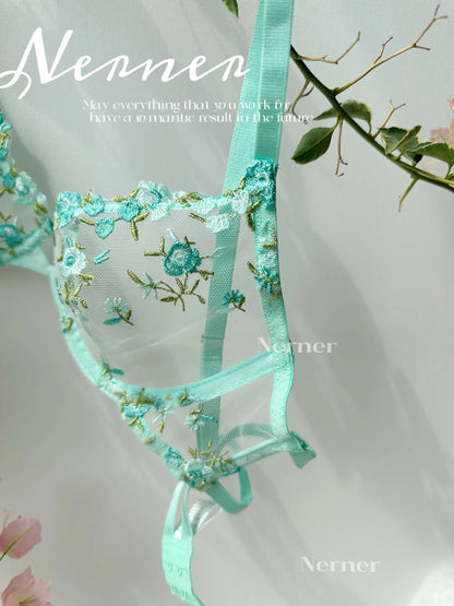 Sexy Floral Embroidery Mesh Bra Set Sweet Sheer Lace Lingerie Soft Comfort Breathable Underwear Suit Party Dating Daily Wear Bra