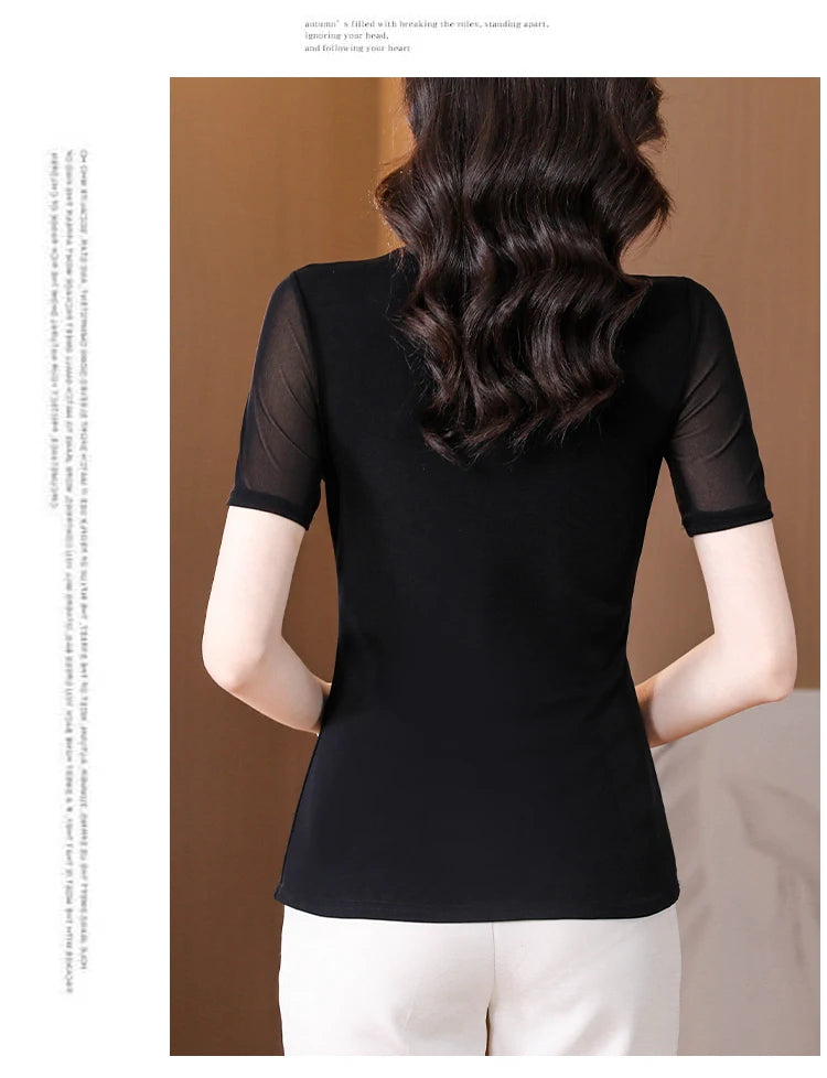 Lace Short Sleeve Slim Fit T-Shirt Women's Summer New Netting Thin Style round Neck Regular Length Pure Color Commute Style