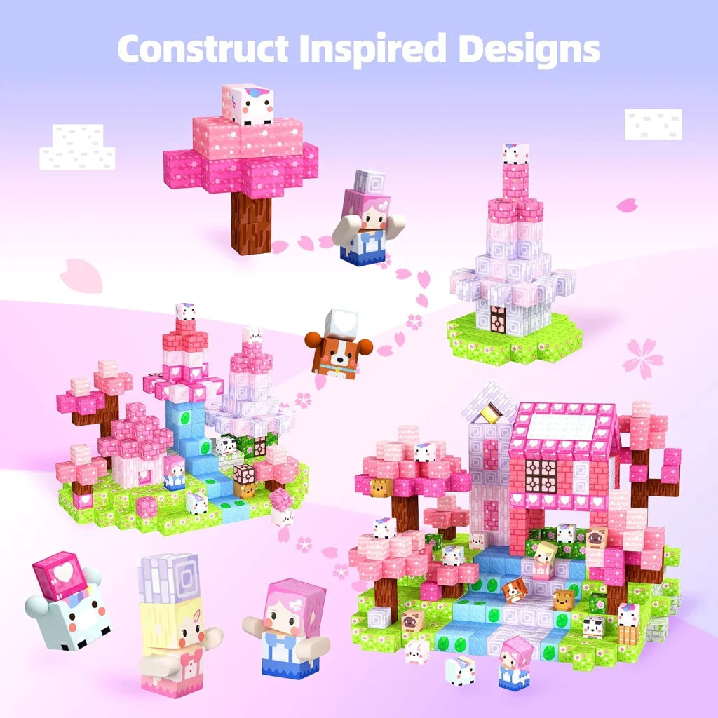 Magnetic Building Blocks Magnet World Pink Blossom with 10 Mystery Gift Brick Cube STEM Toy Set Best Gift for Boy Girl Children
