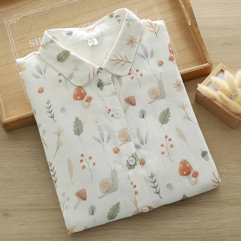 Fresh Women's Mushroom Printed Shirt 2024 New Lady Loose Cotton Long Sleeve Flower Print Shirts & Blouses Female Tops Clothes