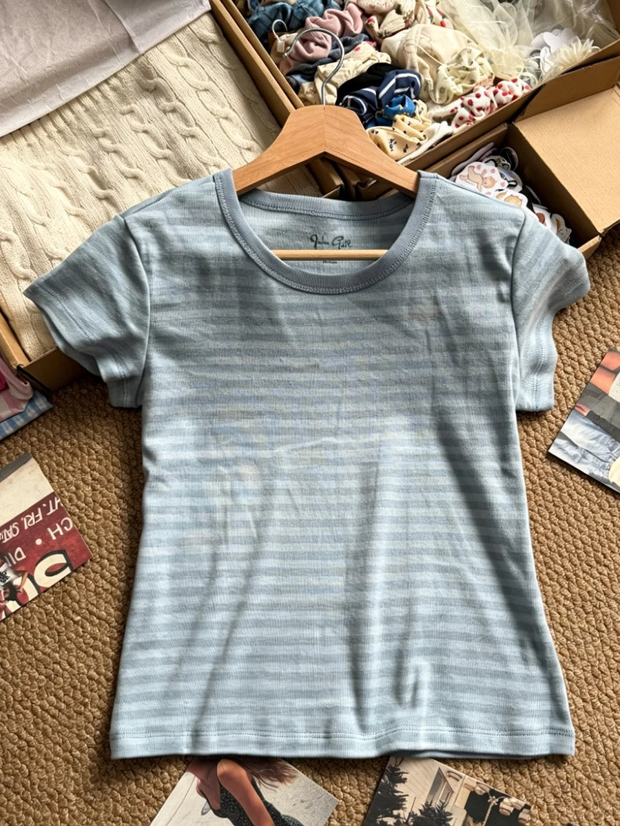 Pink Striped Slim Buttons T-shirts Women New Cotton O-neck Casual Simple Basic Short Sleeve Tees Sweet Cute Girls Tshirt Y2K Top