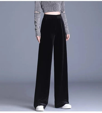 Slim Fit Velvet Wide Leg Pants Winter New Style plus Size Warm Fleece High Waist Elastic Korean Velvet Pants for Women