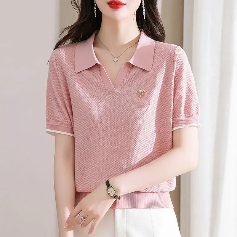 Polo Neck Shirt for Women Cute Plain Kawaii Baggy Red Woman T Korean Clothing Synthetic Luxury Fashion 2025 Pretty in Trend New