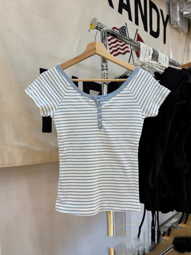 Pink Striped Slim Buttons T-shirts Women New Cotton O-neck Casual Simple Basic Short Sleeve Tees Sweet Cute Girls Tshirt Y2K Top