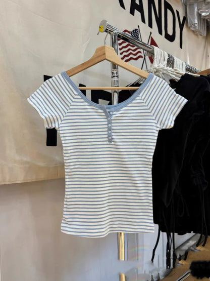 Pink Striped Slim Buttons T-shirts Women New Cotton O-neck Casual Simple Basic Short Sleeve Tees Sweet Cute Girls Tshirt Y2K Top