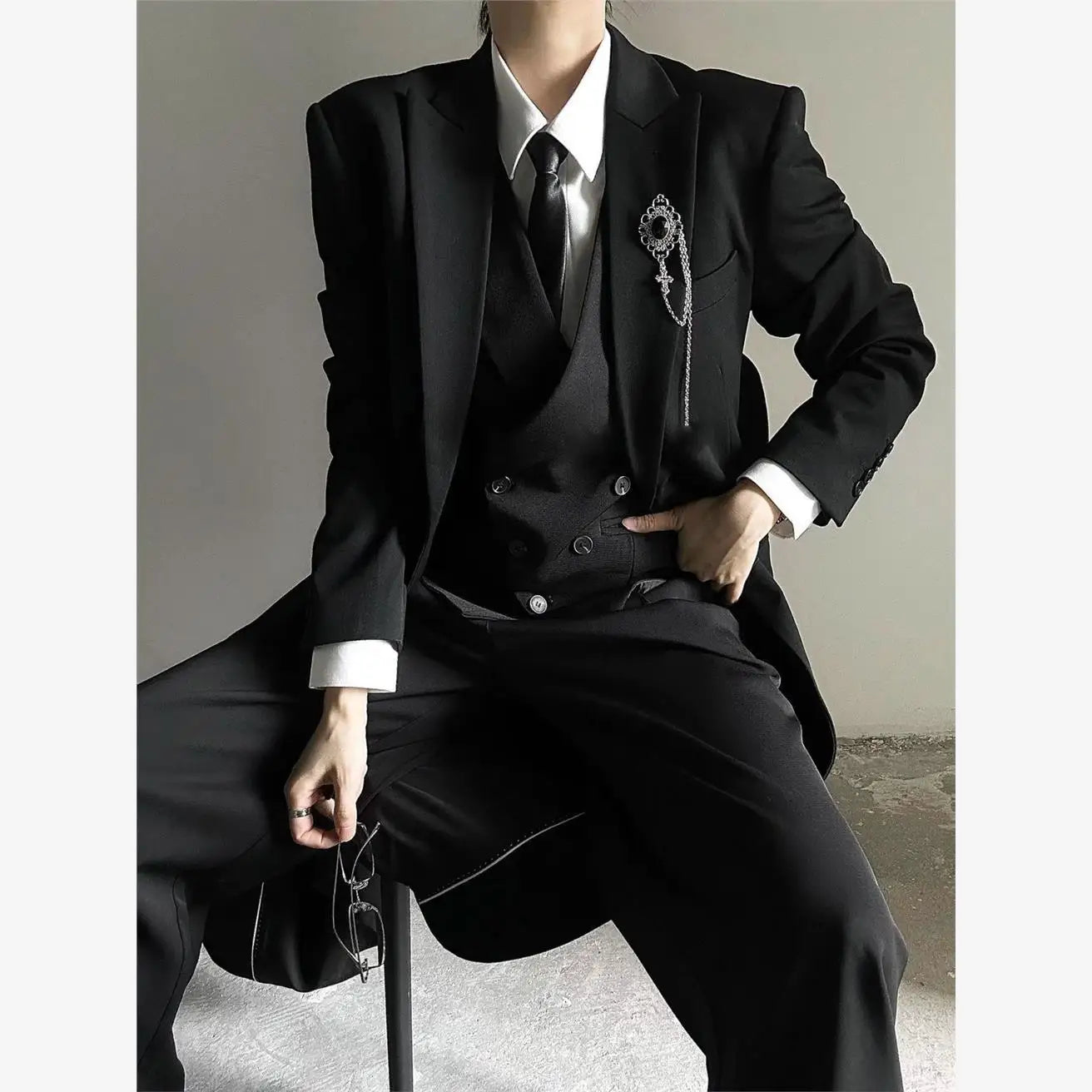 2025 New Long Tailored Coat Jacket Four-Piece Set Neutral Style Shoulder-Length Black High-End Feelings Casual Youth Fashion