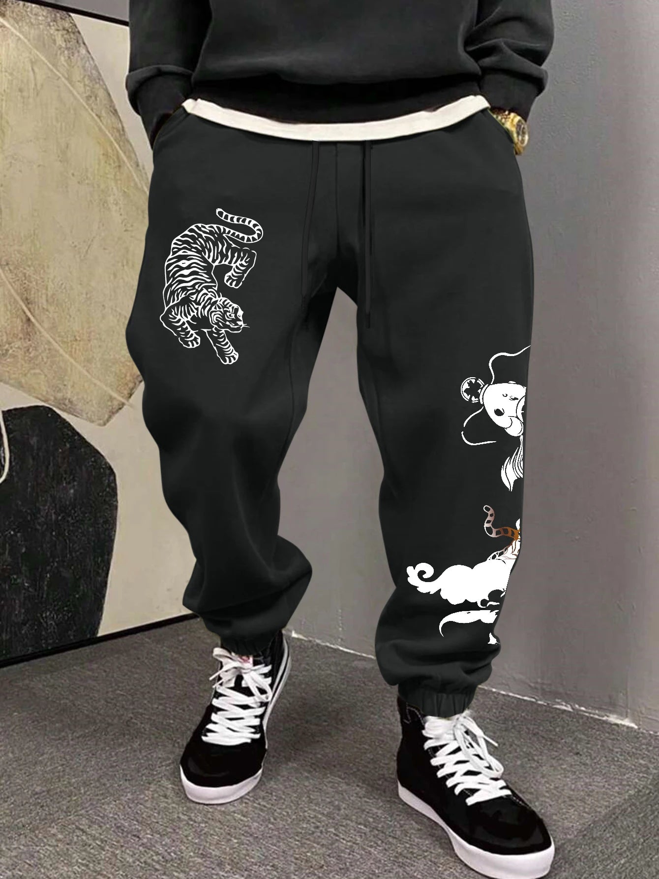 Men's Streetwear Traditional Chinese White Tiger Koi Fish Print Sweatpants Elastic Waist Soft Asian Hip Hop Daily Joggers