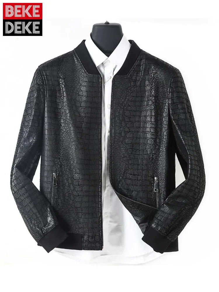 Mens Business Casual Genuine Leather Jacket Slim Fit Fashion Crocodile Pattern Spring Autumn Men Sheepskin Short Coat Size 5XL